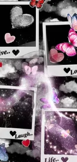 Whimsical mobile wallpaper with butterflies, hearts, and inspiring text.