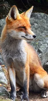 Vibrant red fox sitting among rocks in a natural setting.