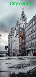 Liverpool city center with iconic buildings and reflective street surface.