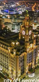 Liverpool city illuminated at night, showcasing cityscape.