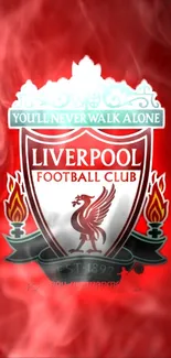 Liverpool FC emblem with red smoke background.