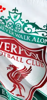 Liverpool FC flag waving with crest and motto.