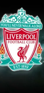 Liverpool Football Club emblem against a dark background with teal and red.