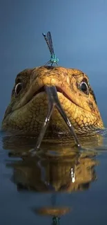 Lizard with dragonfly on head in serene water scene.