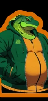 Illustrated lizard in green hoodie