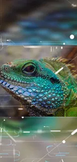 Vibrant green lizard with futuristic digital background, perfect mobile wallpaper.