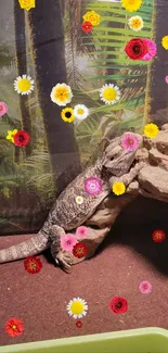 Lizard resting on rock in jungle habitat wallpaper.