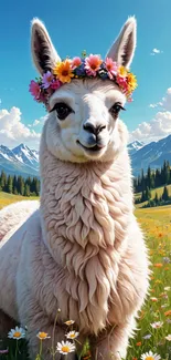 Llama with flower crown in scenic meadow.