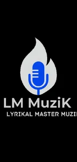 LM Muzik logo with blue microphone and flame on black background.