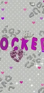 Locked phone wallpaper with pink glitter hearts and polka dots.