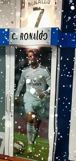 Footballer's locker with jersey display and action pose.