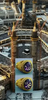 Aerial view of Grand Mosque in Mecca with golden rings overlay.