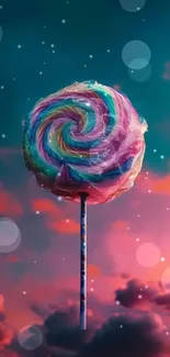 Colorful lollipop against a dreamy sky with vibrant hues and clouds.