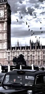 Iconic view of Big Ben in London with a classic taxi and flying birds.
