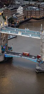 Aerial view of London's Tower Bridge spanning the Thames River.