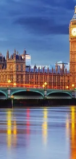 Big Ben and River Thames under a blue sky.