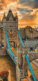 Sunset view of Tower Bridge in London with vibrant orange sky.