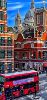 London cityscape with red bus and historic architecture under a blue sky.