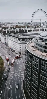 Aerial view of London's skyline with famous landmarks and city streets.