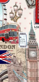 London collage wallpaper with iconic symbols.