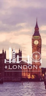 London skyline wallpaper featuring Big Ben and Thames at evening.