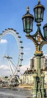 London Eye and vintage lamp post in a scenic riverside view.