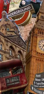 Collage of London landmarks including Big Ben and a red bus.