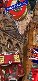 Collage of iconic London landmarks including Big Ben and a red double-decker bus.