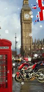 London landmarks with Big Ben, red phone booth, and Union Jack map.