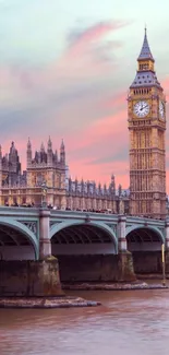 Big Ben and Westminster Bridge at sunset.