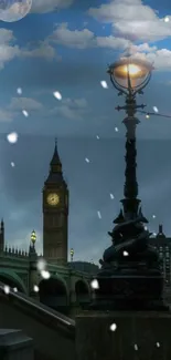 Night view of Big Ben with snowflakes and street lamp in London.