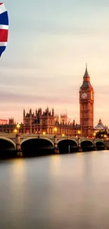 Big Ben and Westminster Bridge in London at sunset.