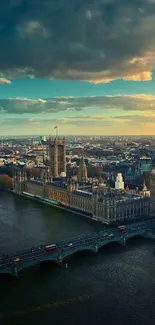 A stunning London skyline featuring sunset hues over the river Thames.