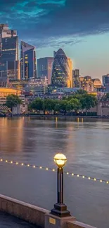 London skyline over Thames River at dusk.