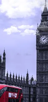 London skyline wallpaper featuring Big Ben and a red double-decker bus.