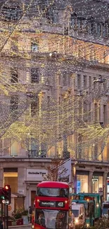 London street glowing with festive lights and busy city life.