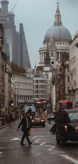 Bustling London street with iconic dome and traffic.