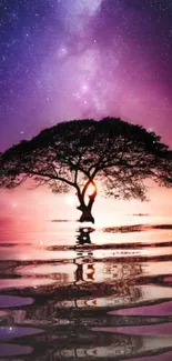 Lone tree at sunset with purple sky and water reflection.