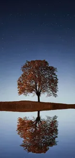 Lone tree reflecting in water under a starlit night sky.