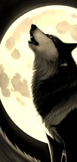 Silhouetted wolf howling at full moon.