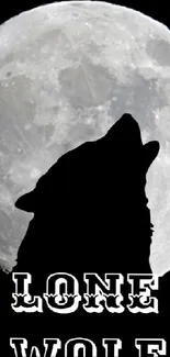 Silhouette of a wolf howling at a full moon on a dark background.