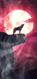 Silhouette of wolf howling under a vivid red moon against a dark sky.