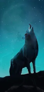 Wolf howling under a starry night sky.