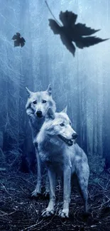 Two wolves in a misty blue forest with falling leaves.