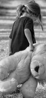 Child walking holding a large plush lion in grayscale.