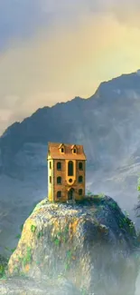 Wallpaper of a solitary house perched on a picturesque mountain peak.