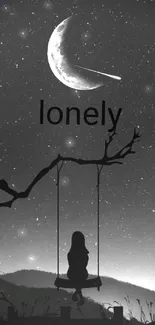 Lonely swing silhouetted against a starry night sky with crescent moon.