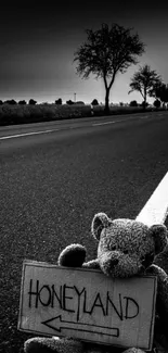 Teddy bear with sign on a lonely dark road.