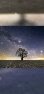 Lone tree under a starry night sky, showcasing cosmic beauty.