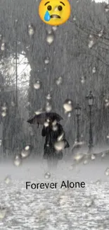 Solitary figure walks in rain on a gray bridge with crying emoji overhead.